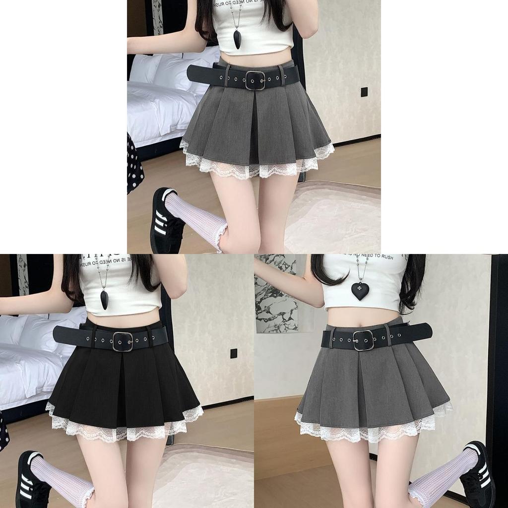 Classic High Waist Pleated Skirt With Lace Patchwork For Summer Fashion