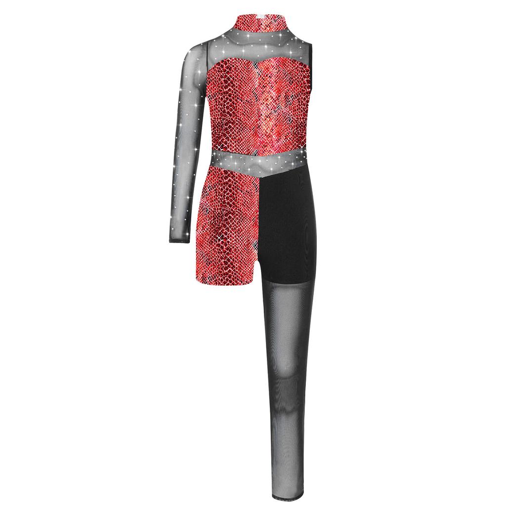 Girls Printed Gymnastics Leotard Star Leopard Snakeskin Design Shiny Rhinestones Sheer Mesh Patchwork Asymmetrical Bodysuit