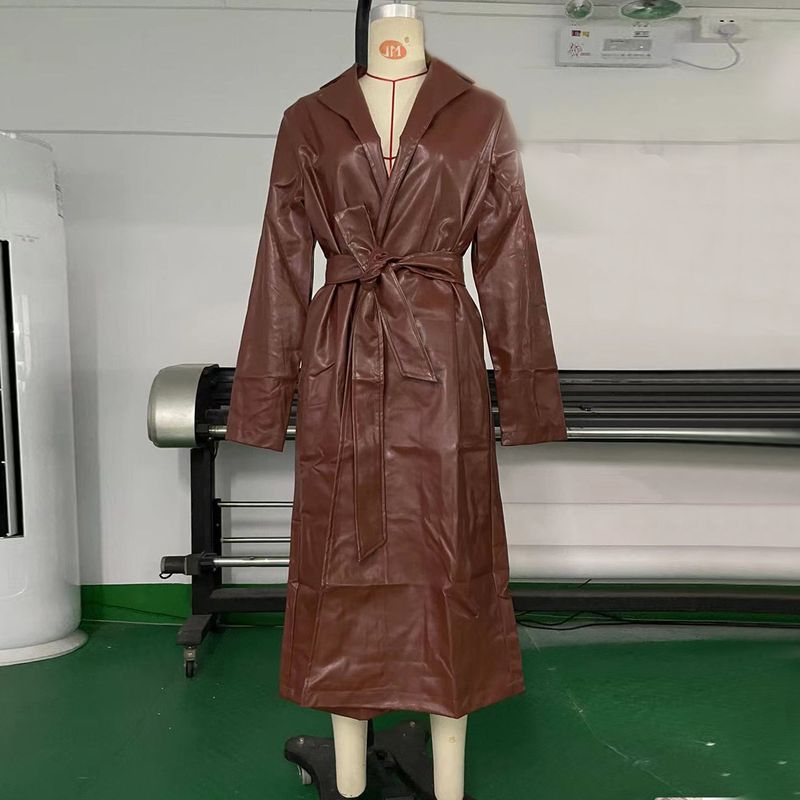 

Export Long Casual Versatile Belt Coat Leather Jacket Brown L