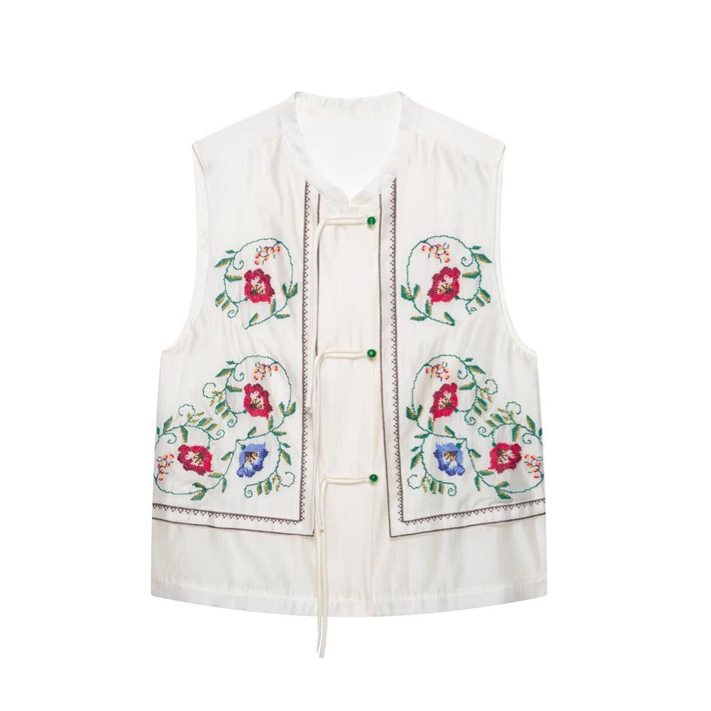 

2025 Spring/Summer Women s Floral Embroidered Round Neck Slim Vest M слоновая кость