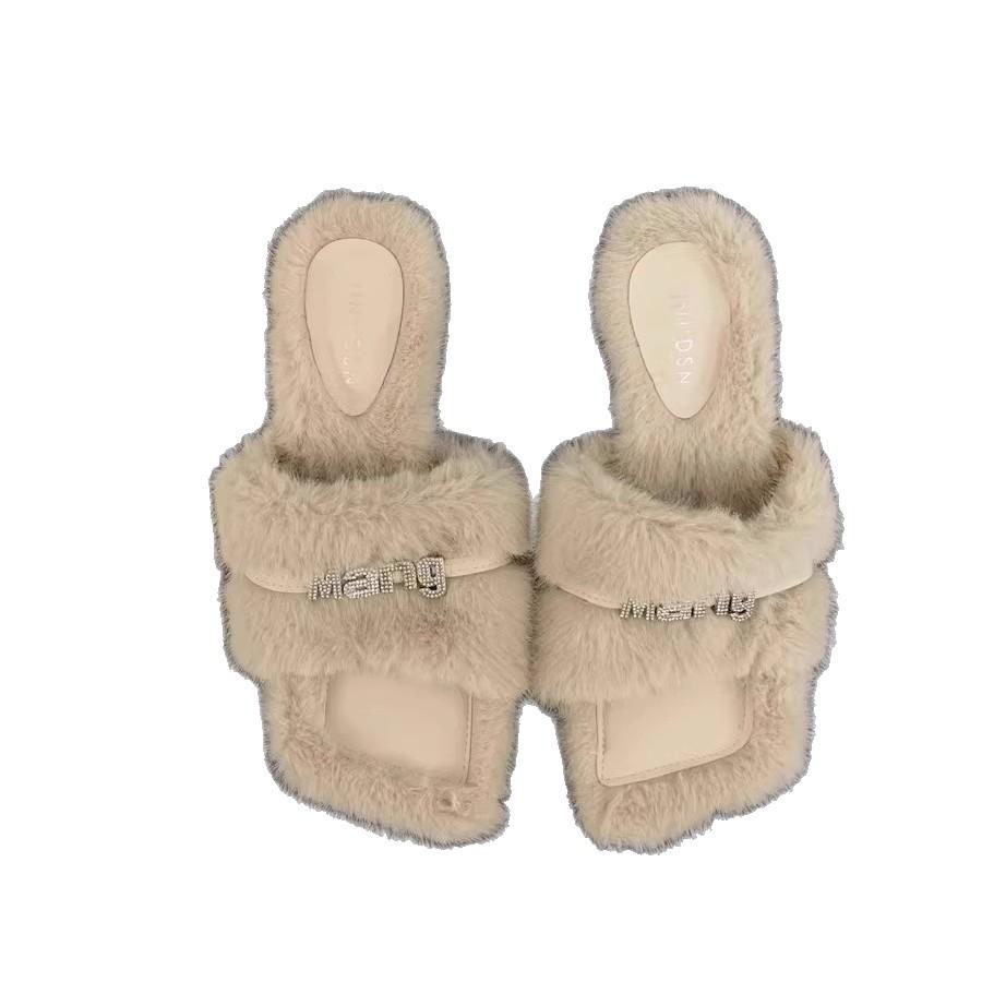 Coarse heel velvet women's shoes rhinestone slippers outer wear 2025 new winter fluffy shoes warm cotton shoes home half slippers