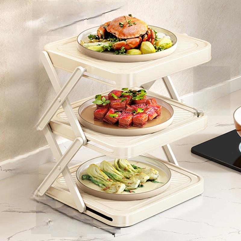Multi-Layer Foldable Dish Storage Rack, Space-Saving Kitchen Plate Organizer, Collapsible Food Serving Stand