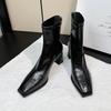 French Retro Square Head High-Heeled Elastic Thin Boots Women'S Zipper Thick Heel After Autumn And Winter
