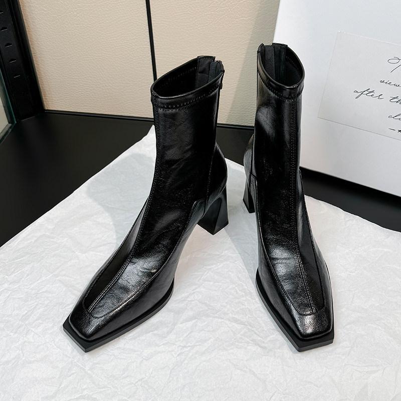 French Retro Square Head High-Heeled Elastic Thin Boots Women'S Zipper Thick Heel After Autumn And Winter
