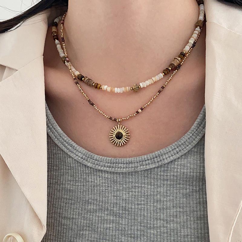 Maillard Style Multi-Layer Stacked Natural Stone Beaded Necklace Female Niche Retro Personality Versatile Neck Chain Collarbone Chain