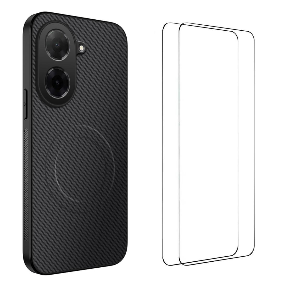 

For Xiaomi Redmi A5 4G (171.7*77.8*8.3mm) Magnetic Case WANLONFENG TQ1 Series Carbon Fiber Texture PC TPU Phone Cover with 2Pcs Screen Films Black