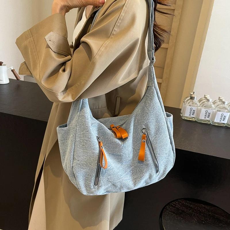 Umhängetasche aus Denim-Stoff, vielseitige, einfache Canvas-Tasche, lässig, große Kapazität, diagonale Umhängetasche für Damen