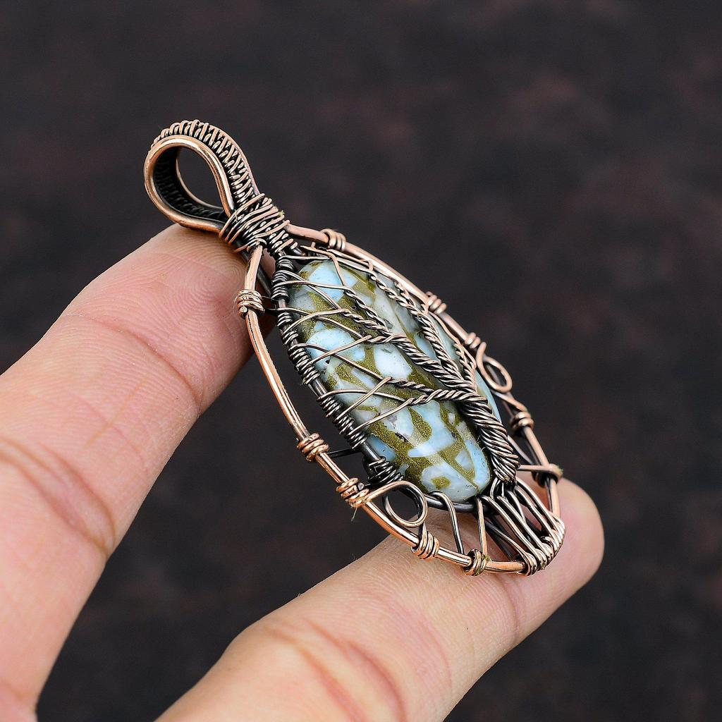 Tree Of Life Copper Larimar Pendant Copper Wire Wrapped Jewelry Handmade Pendant High Quality Gemstone Jewelry Copper Wire Wrapped Pendants