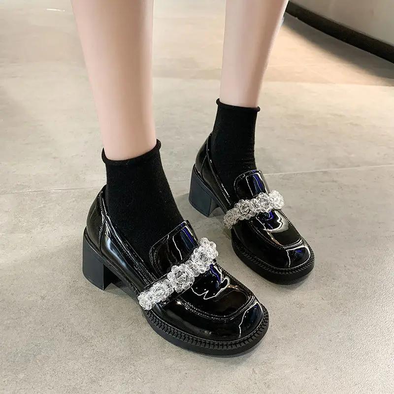 Ladies Pumps Round Toe Black With Heel Crystals Luxury Brand Chic Point Non Slip 39 Elegant Spring On Offer Shoe Women's Shoes