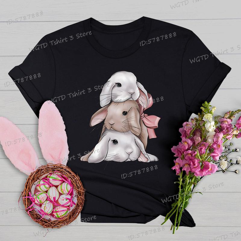 Easter Rabbit Shirts and Blouses Women Gift for Christian Crew Neck Short Sleeve Tshirt Cute Animal Bunny Easter Cartoon Tshirt