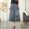 Summer Embroidered Flower Semi-elastic Waist Button Denim Skirt