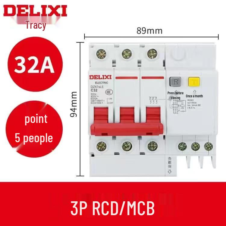 Delixi DZ47SLE 3-Phase Earth Leakage Circuit Breaker with 3P Protection, 380V