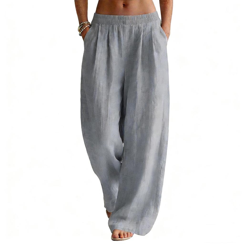 Women's Flowy Linen Wide-Leg Pants - Summer Beach Travel Wear with Elastic Waist & Pockets