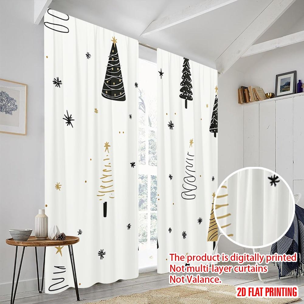 2pcs,2D plane printing Curtains Digital Printed Christmas Trees Golden Stars Polyester Easy Install (without rod) Decorations