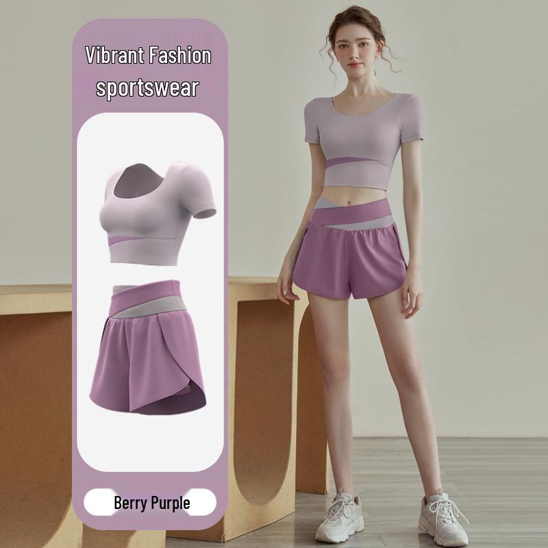 Premium Women's Color Block Sportswear Set - Short Sleeve Top & High-Waist Shorts, Yoga & Pilates Two-Piece Outfit