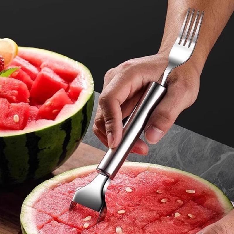 Pack of 2 Stainless Steel Duals Head Fruit Tool Efficient Watermelon Cutting Fork Ergonomic Quick Cleaning Device