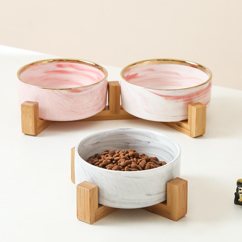 A Ceramic Pet Bowl with a Wooden Base Without Spillage Function Suitable for Dogs and Cats Double Layer Pet Ceramic Bowl