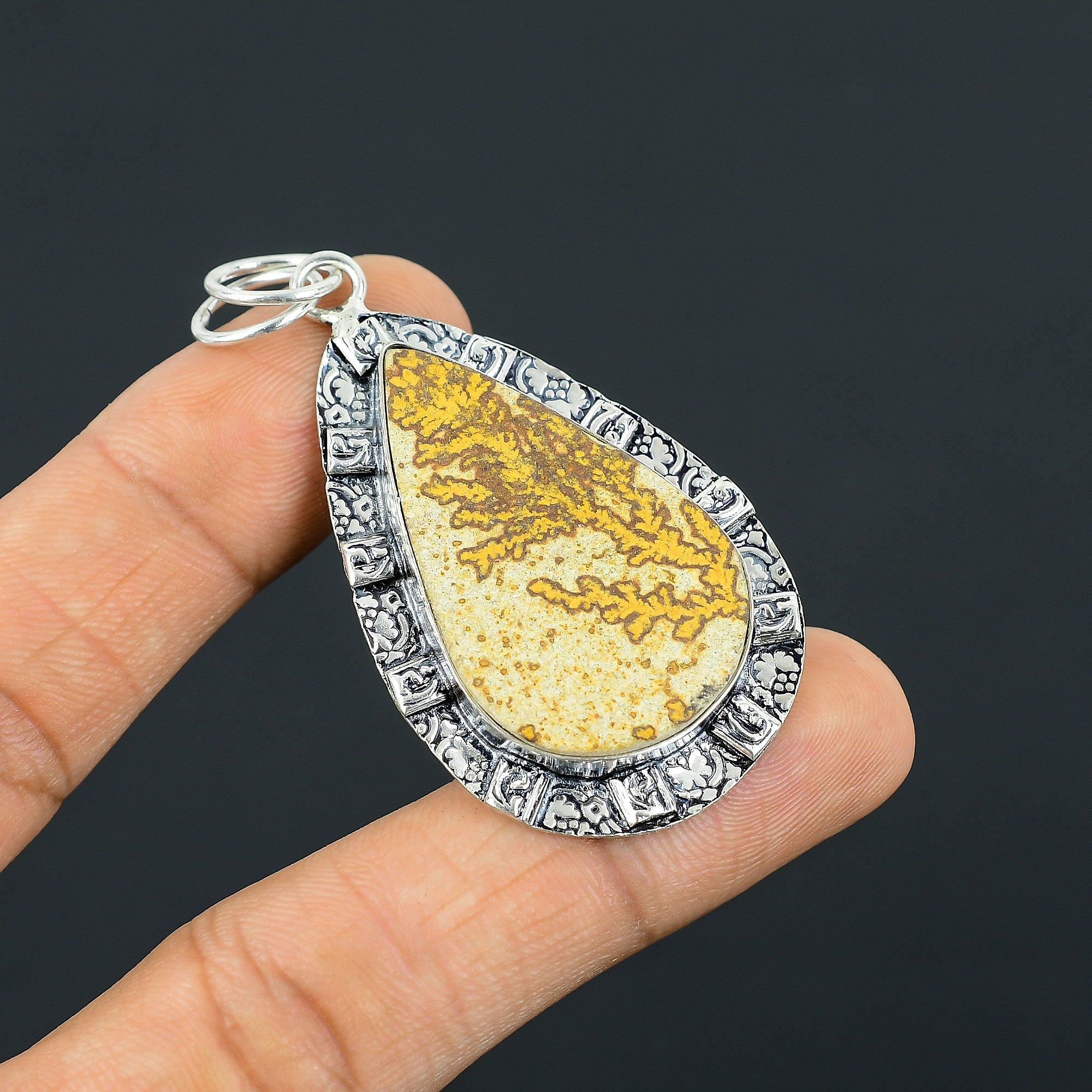 

Sterling Silver Pear Psilomelane Dendrite Stone Boho Anniversary Pendant Jewelry