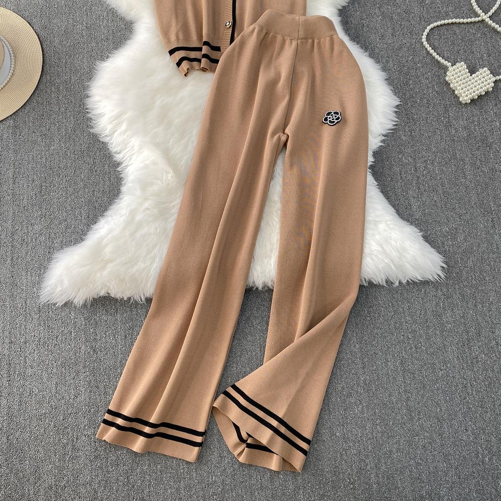 Summer Women Camellia Beading Knitted Sweater Tracksuit Short Sleeve V-neck Jacket Top and Ankle Length Pant Two Piece Set