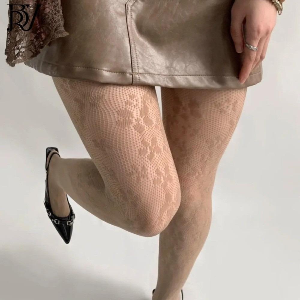 

Jacquard Small Flowe Fishnet Stockings Plus Size Fishnet Pantyhose Sexy Mesh Tights Women Use Style1-Light Coffee