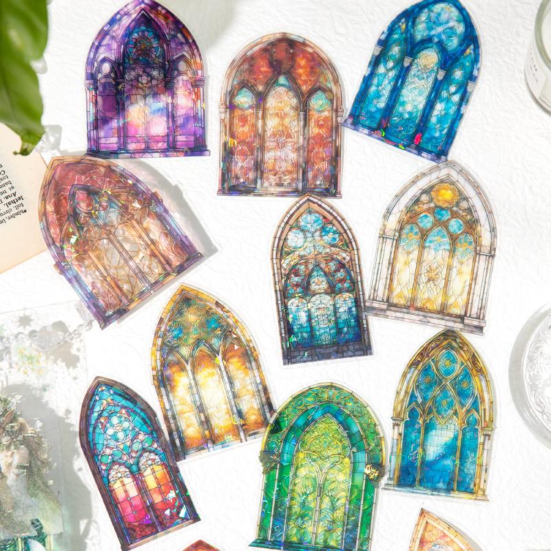 6 style 20pcs Colorful Glass Flower Window Theme Hot Stamping PET Sticker DIY Handmade Materials Scrapbook Background Decoration