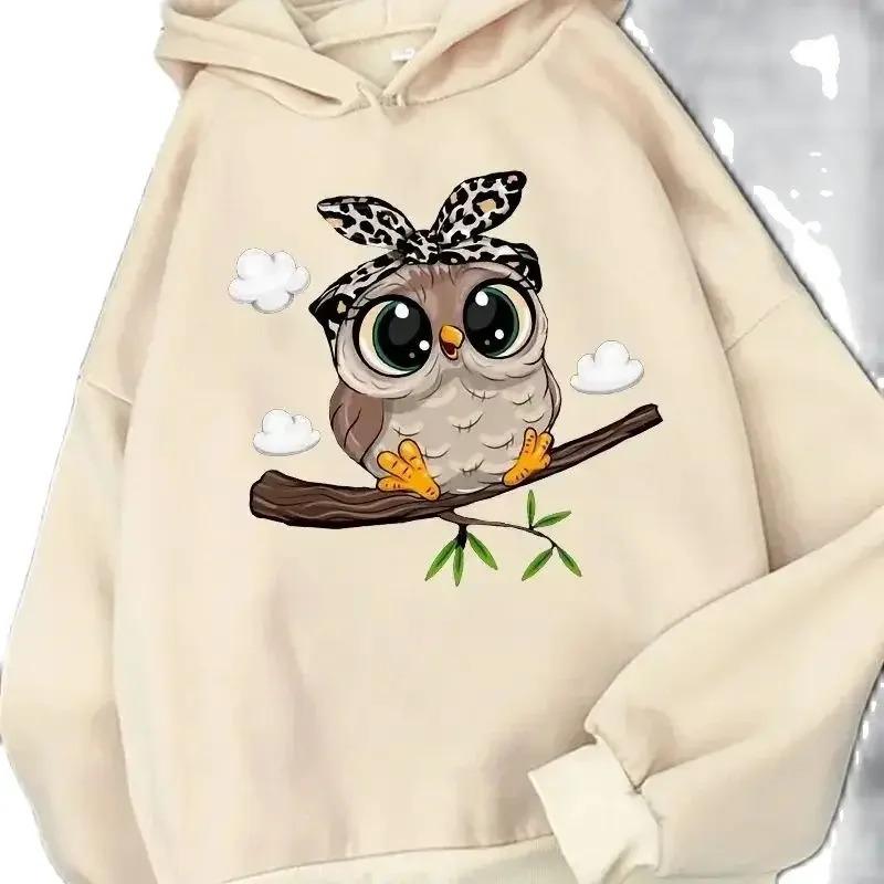 Women Cute Owl Graphic Hoodie Leopard Bow Bandana Owl Print Long Sleeve with Pocket Pullover Casual Hooded Sweatshirt Female Top