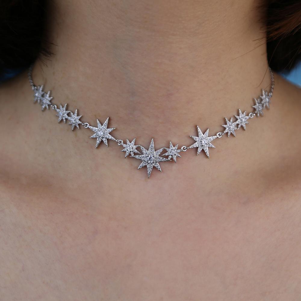 High Quality Iced Out Bling Sparking Clear Cubic Zirconia CZ Paved Star Starburst Charm Choker Necklace For Women