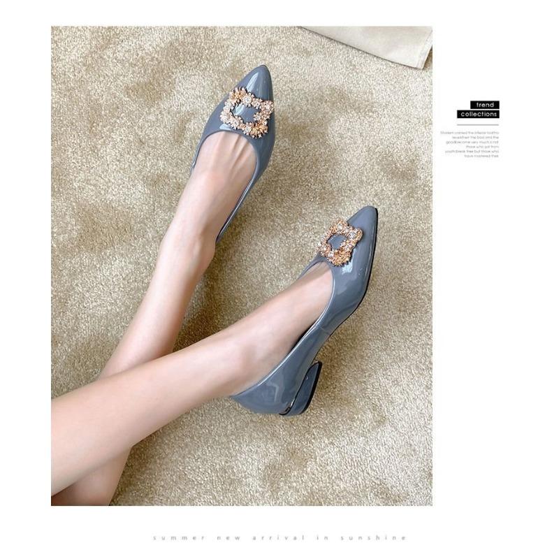 

Small thick heel work shoes autumn fashion pearl rhinestone square buckle pointed middle heel single shoes 40 небесно-голубой