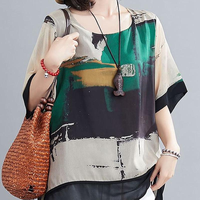 Summer New Oversize Chiffon Shirt Women Round Neck Short Sleeve Vintage Printing Pullovers Female Loose Casual Lace Tops