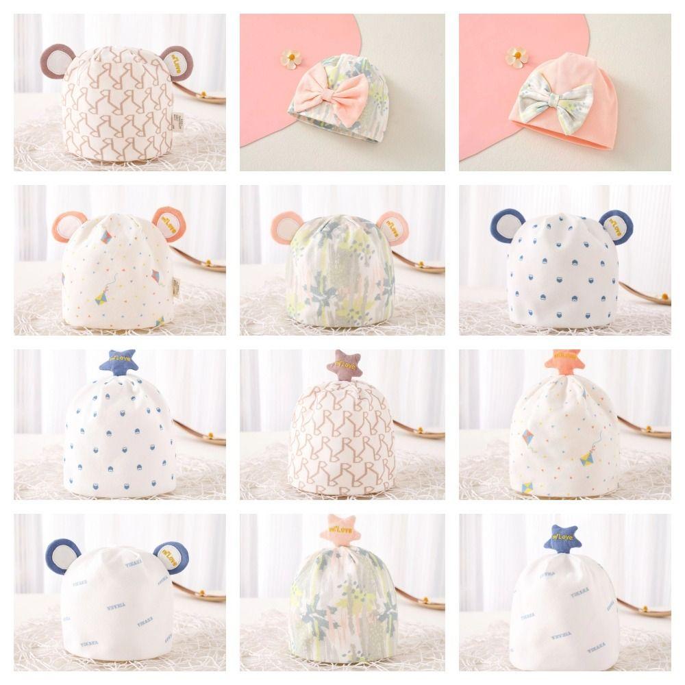 Cartoon Bear Baby Fetal Cap Print Infants Beanie Cap Windproof Newborn Hats  Hospital