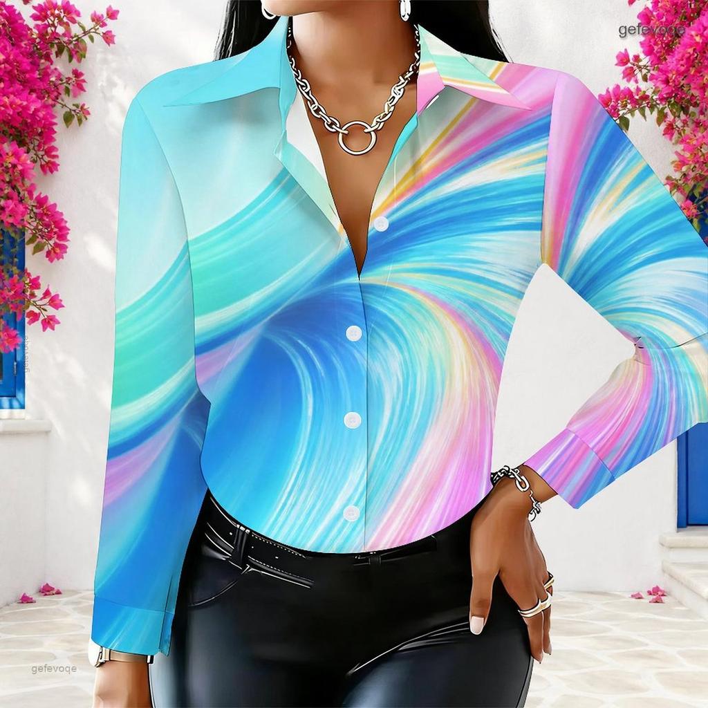 Women Plus Size Collared Long Sleeve Colorful Swirl Print Button Front Shirt