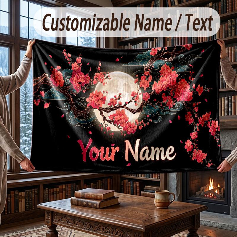 Floral Garden Theme Throw Blanket Custom Name Text Personalized Blanket Soft Cozy Blanket for Home Sofa Bed