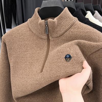 Men's Half Zip Pullover Knitwear Winter Bear Print Velvet Thickened Warm Fashion Business Men'sWear