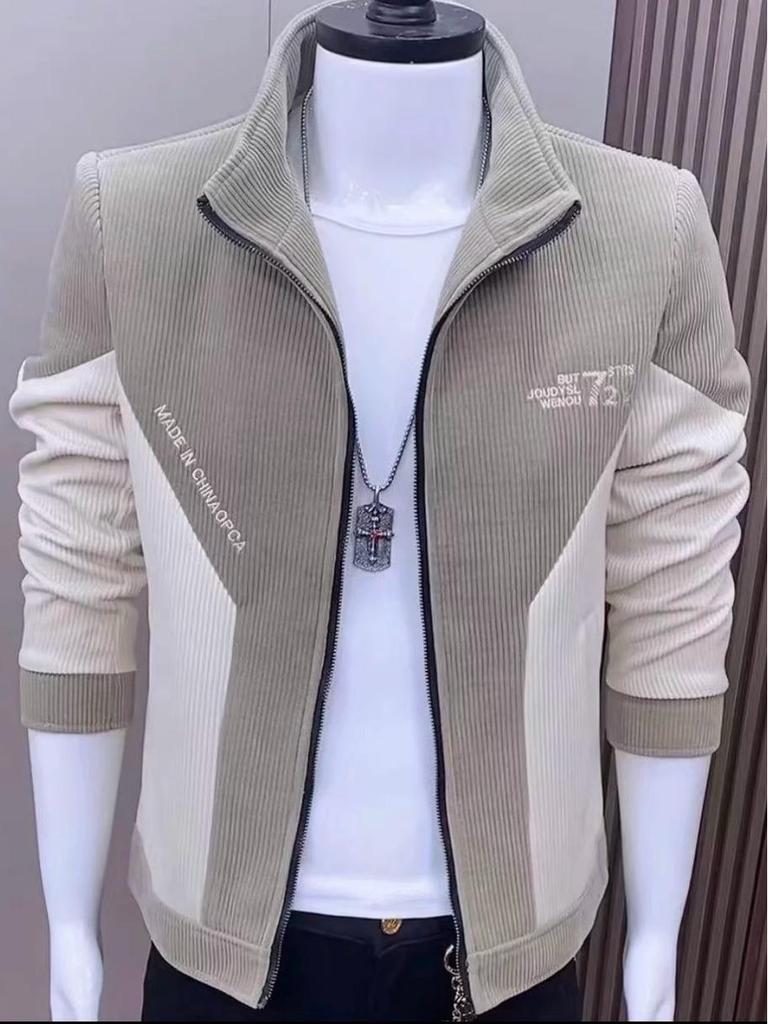 Men's Trendy Patchwork Corduroy Jacket with Stand-Up Collar - Slim Fit Spring/Autumn 2025 Edition