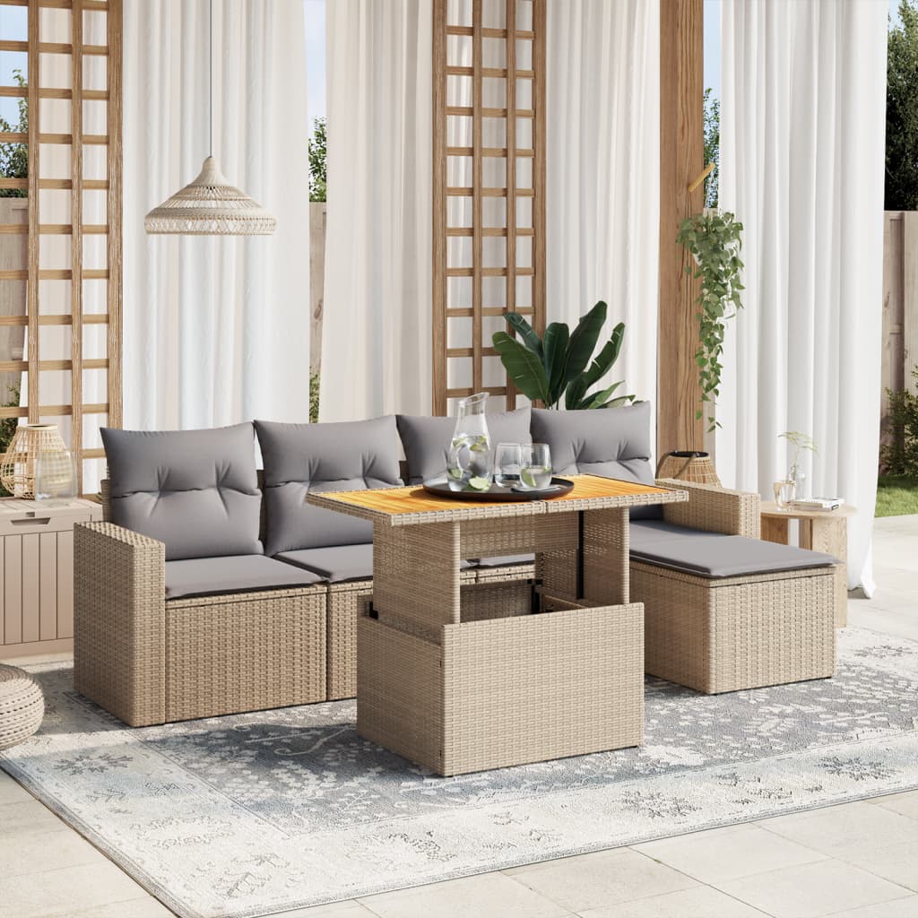 Vidaxl 6-Cz. Set di Mobili da Giardino con Cuscini, Beige, Polyrattan