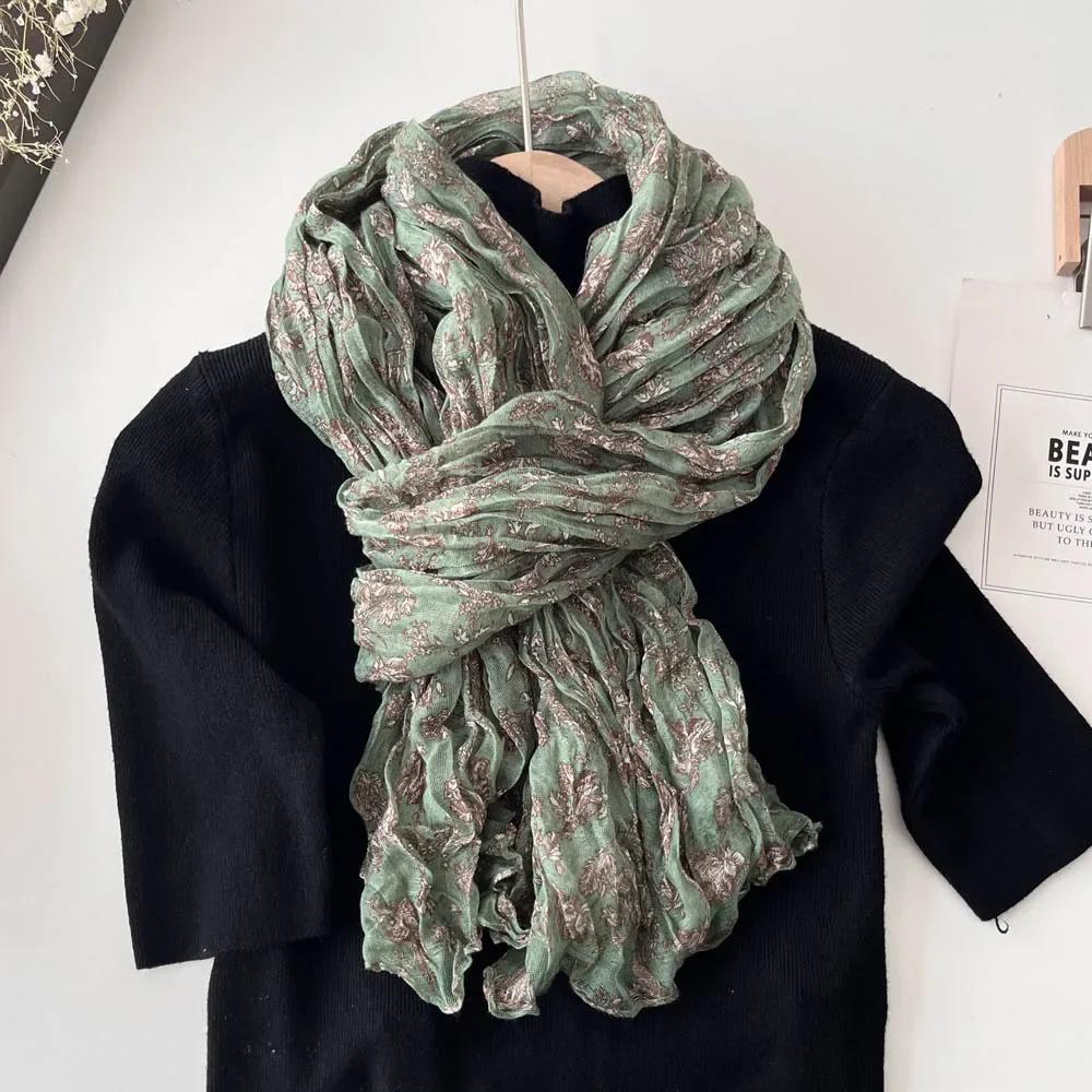 

Retro Printed Scarf with Pleats Japanese Style Artistic Light and Thin Cotton and Linen Texture Long Casual Shawl Korean Version 180cm