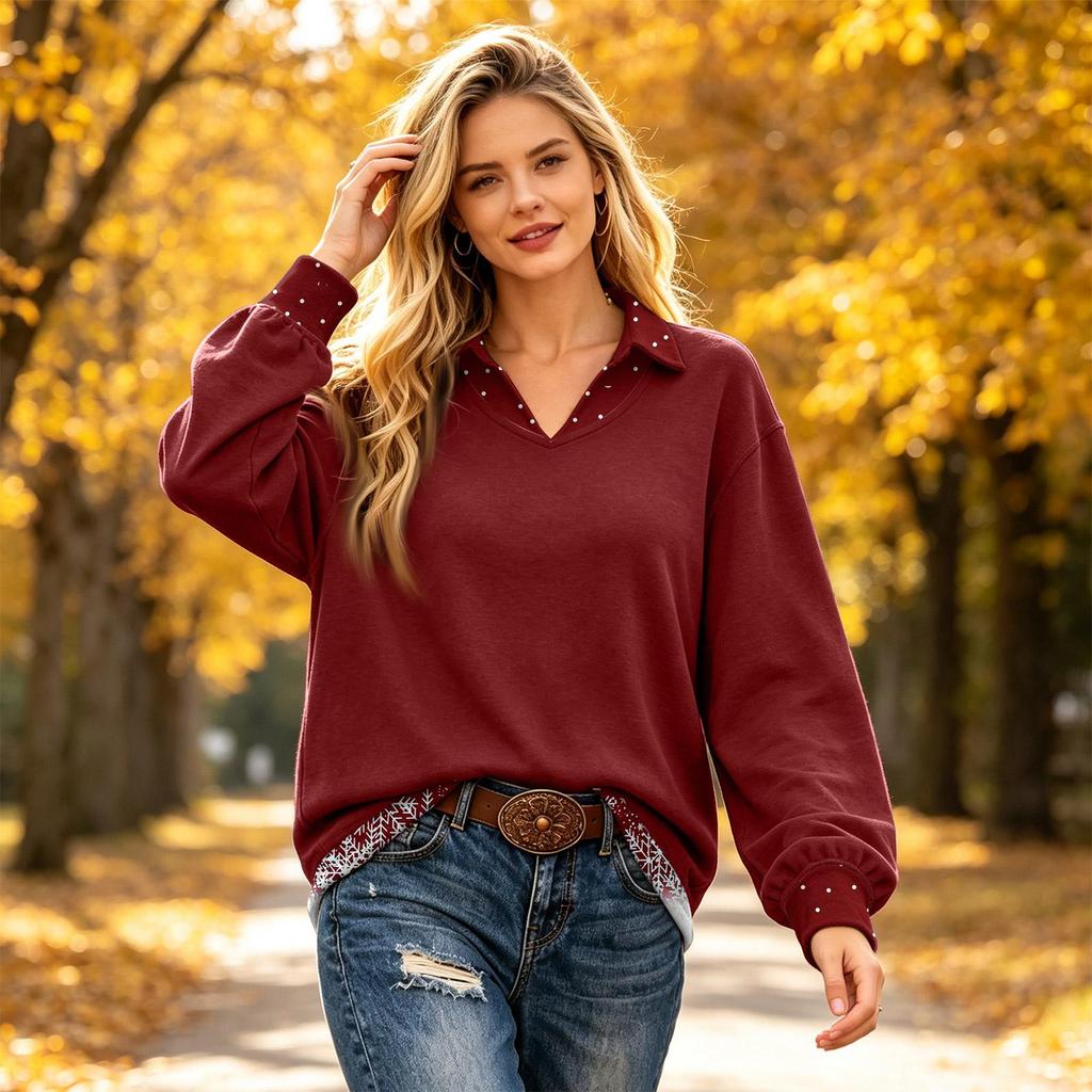 Women's Two-Piece Top with Lapel Collar and Colorblock Patchwork Design for Casual Wear