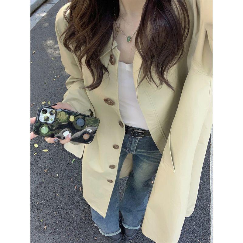 Kumikumi British Style Khaki Single Breasted Trench Coat Outerwear Women Autumn Elegant All-Match Loose Slimming Coat