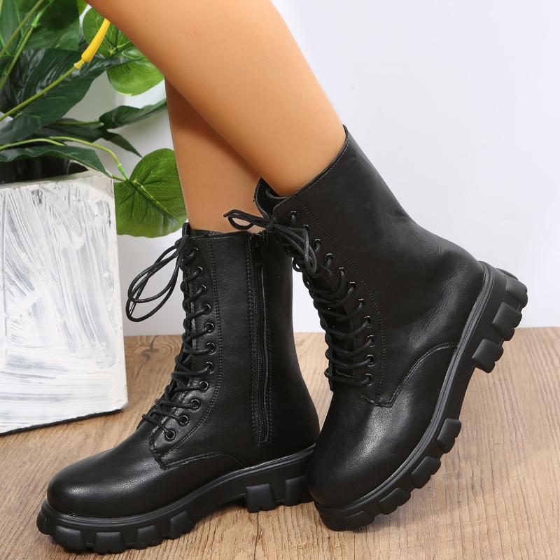 Boots Women 2025 Autumn Winter PU Leather White Ankle Boots Motorcycle Botines Female Chunky Heels Platform Boots Botas Mujer
