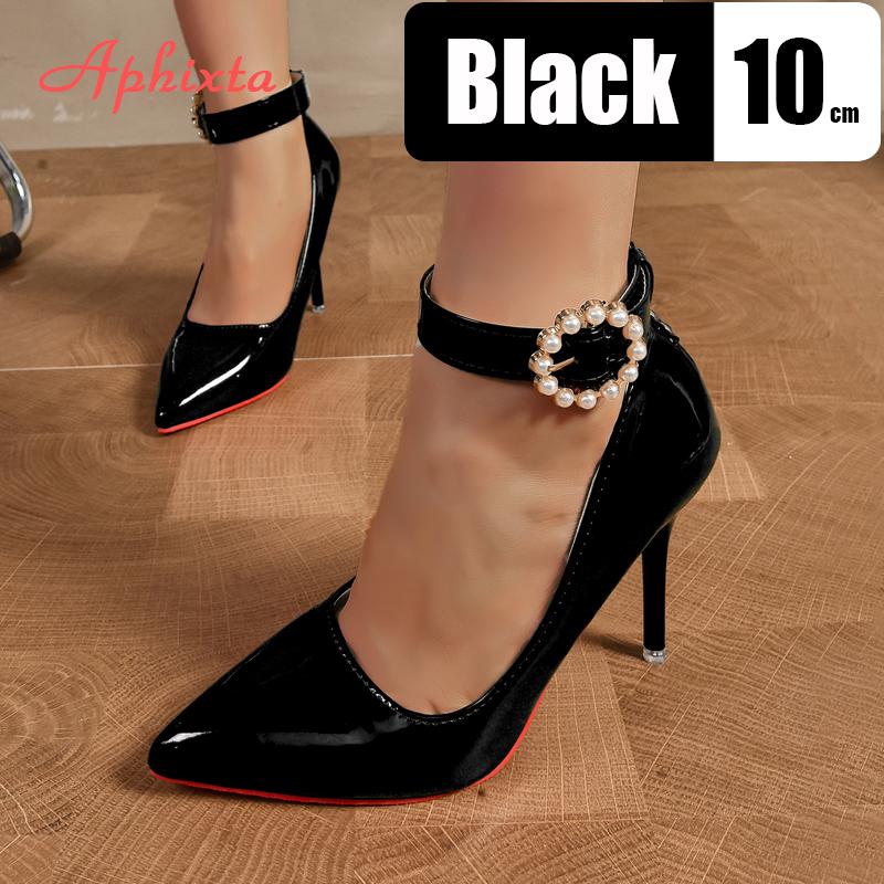 Fashion Aphixta Luxury Pearl Metal Belt Buckle 10cm Stiletto Heels Pumps Women Banquet Shoes Strap Pimp Pointed Toe Size 35-50