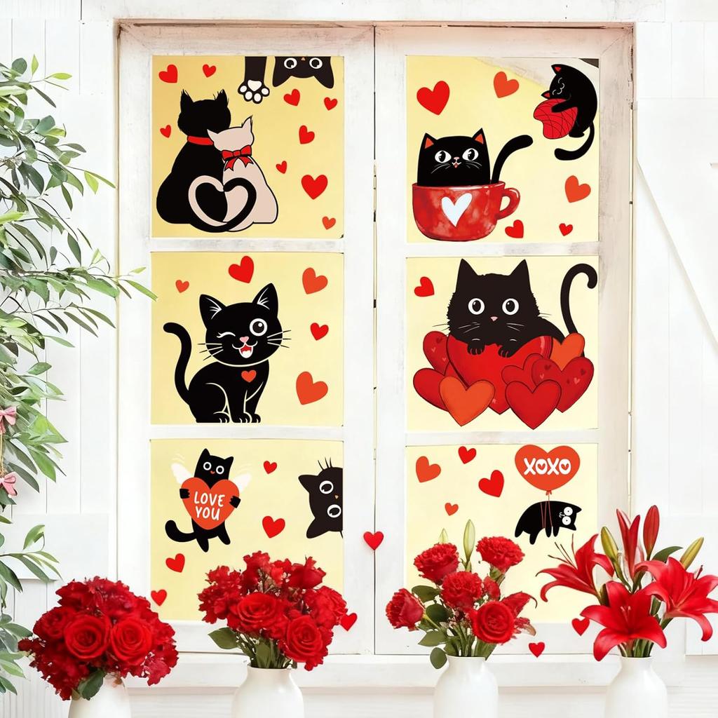 Whaline 6 Sheets Valentine' s Day Window Clings Window Decal Black Cat Red Love Heart Reble Anti-Collision Windows Decor for Wedding Anniversary Home
