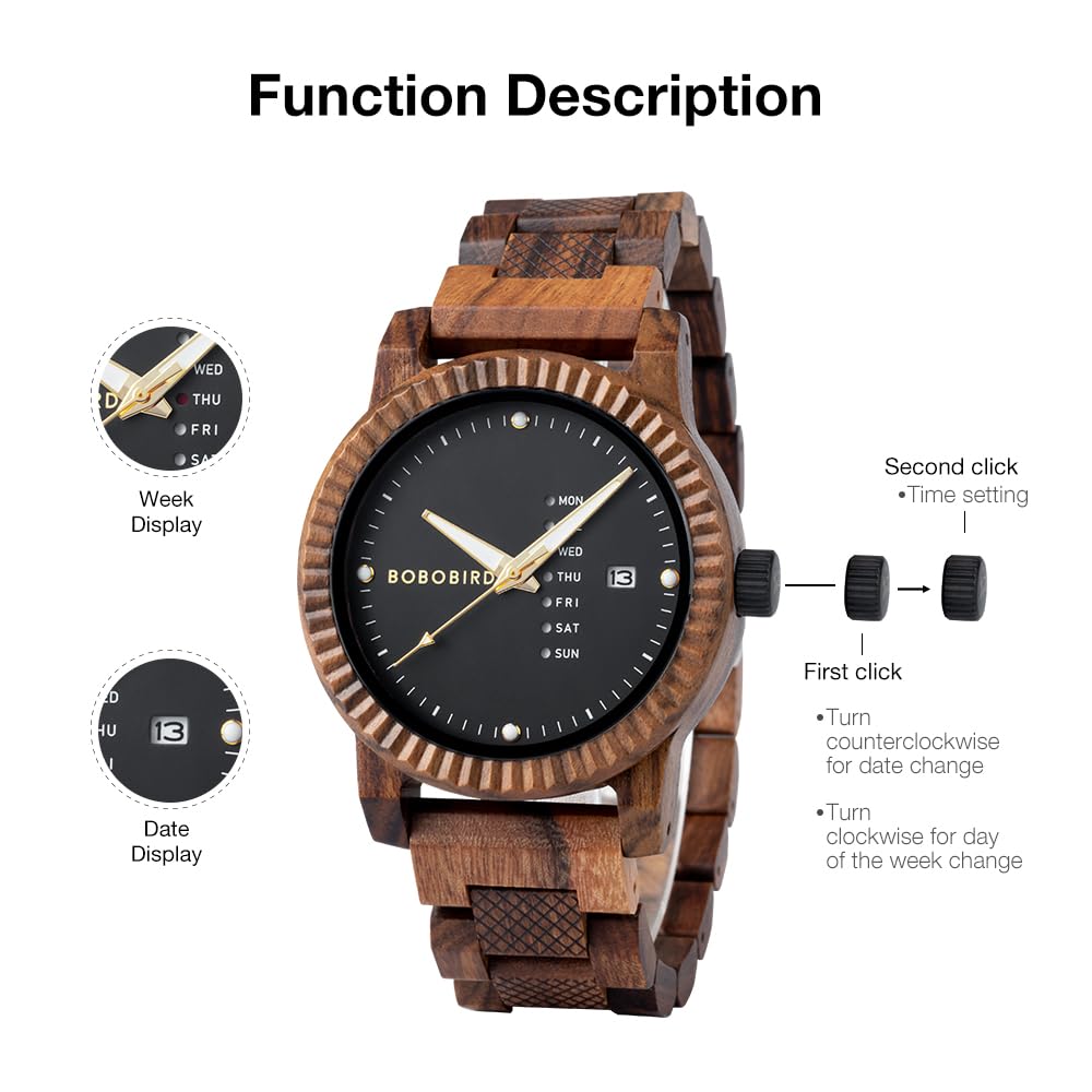 BOBO BIRD Men's Wooden Watch with Analog Quartz Movement, Day Calendar Display, Lightweight Handmade Wooden Men's Wristwatch (Black)