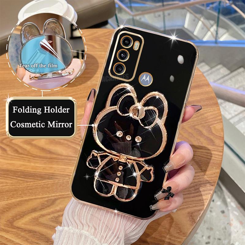 Luxury Plating Mirror Holder Case For Motorola Moto G60 G20 G30 G10 G22 G52 G13 G23 G50 G9 Silicone Stand Cover