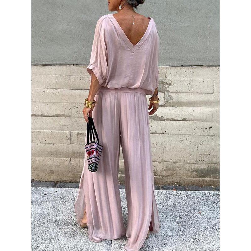 Women's Sexy V-neck Short Sleeved Top And Wide Leg Pants Sets Summer Chiffon Casual Outfits Casual Loose Street Two Piece Sets