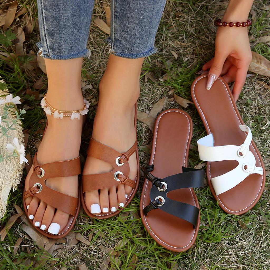Women Slippers Open Toe Casual Sandals Summer Fashion Fashion Slippers Elastic Band Plus Size Flat Shoes Female Slides Women