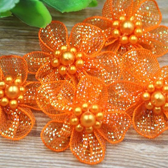10Pcs Mixed Color Mini Organza Ribbon Bead Flower Wedding DIY Craft Appliques