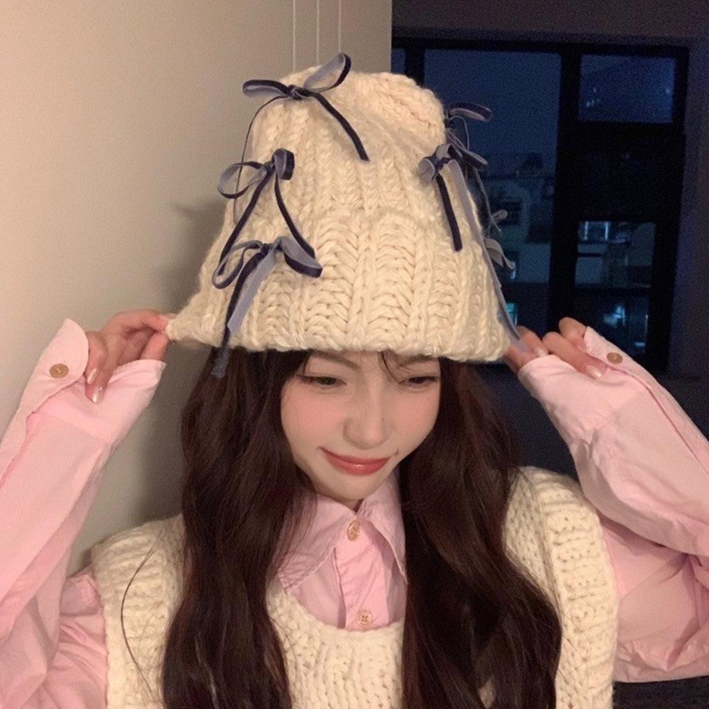 Delicate Velvet Bowknot Beanie Adult Elastic Hat Winter Warmer Knitted Hat Cold Winter Presents for Students Teenagers