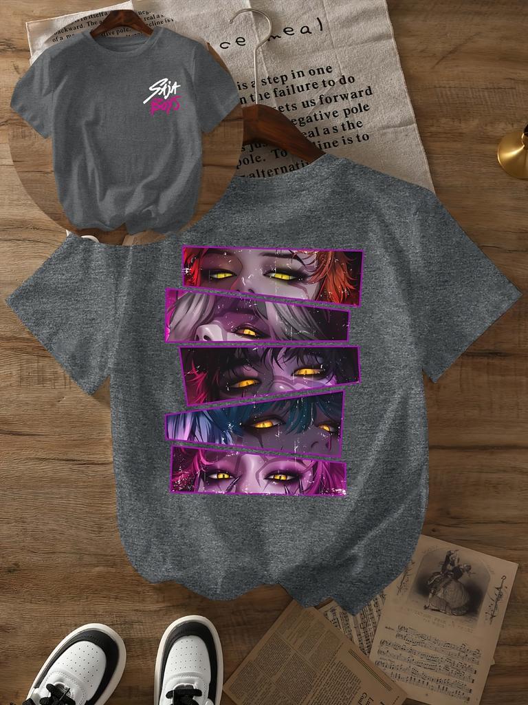Women's Kpop Devil Letter Graphic Print T-shirt Black Short Sleeve Crew Neck Casual Top With Vibrant Cartoon Summer Spring Tee