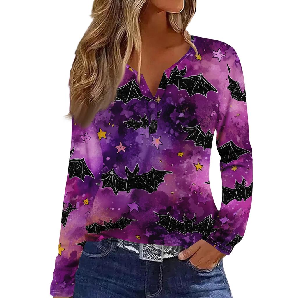 Women's Casual Long Sleeve V-Neck T-Shirt with Halloween Print and Decorative Buttons