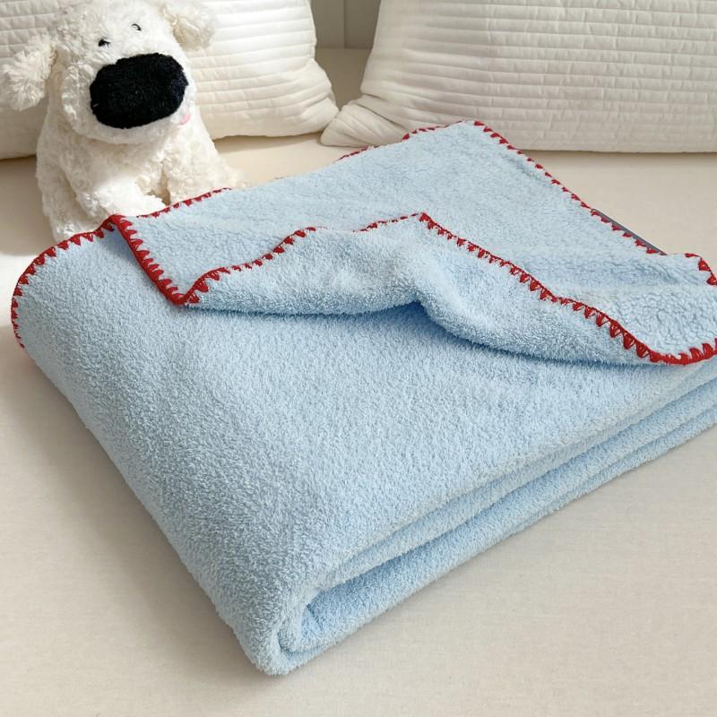 Ins Style Solid Color Half Fleece Blanket Knit Trim Soft Throw Couch Bed Travel